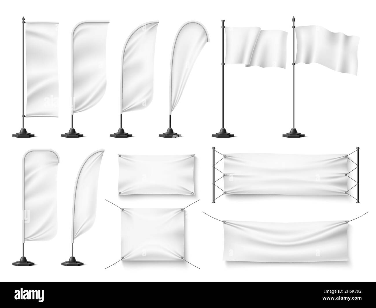 Flags and banners mockup. Realistic white textile blank promotional templates on flagstaffs, advertising clean fabric canvases. Vector set Stock Vector