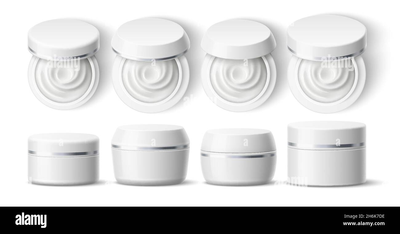 Realistic round cream container. White cosmetic plastic jar, skin care ...