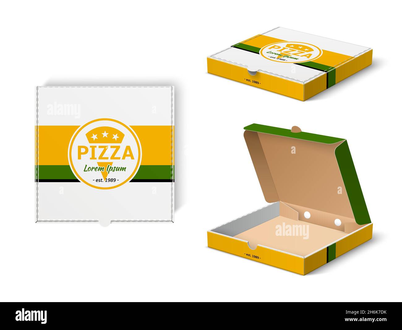 Pizza box design. Realistic fast food mockup, cardboard branded packaging  with pizzeria logo, restaurant delivery box template. Vector set Stock  Vector Image & Art - Alamy