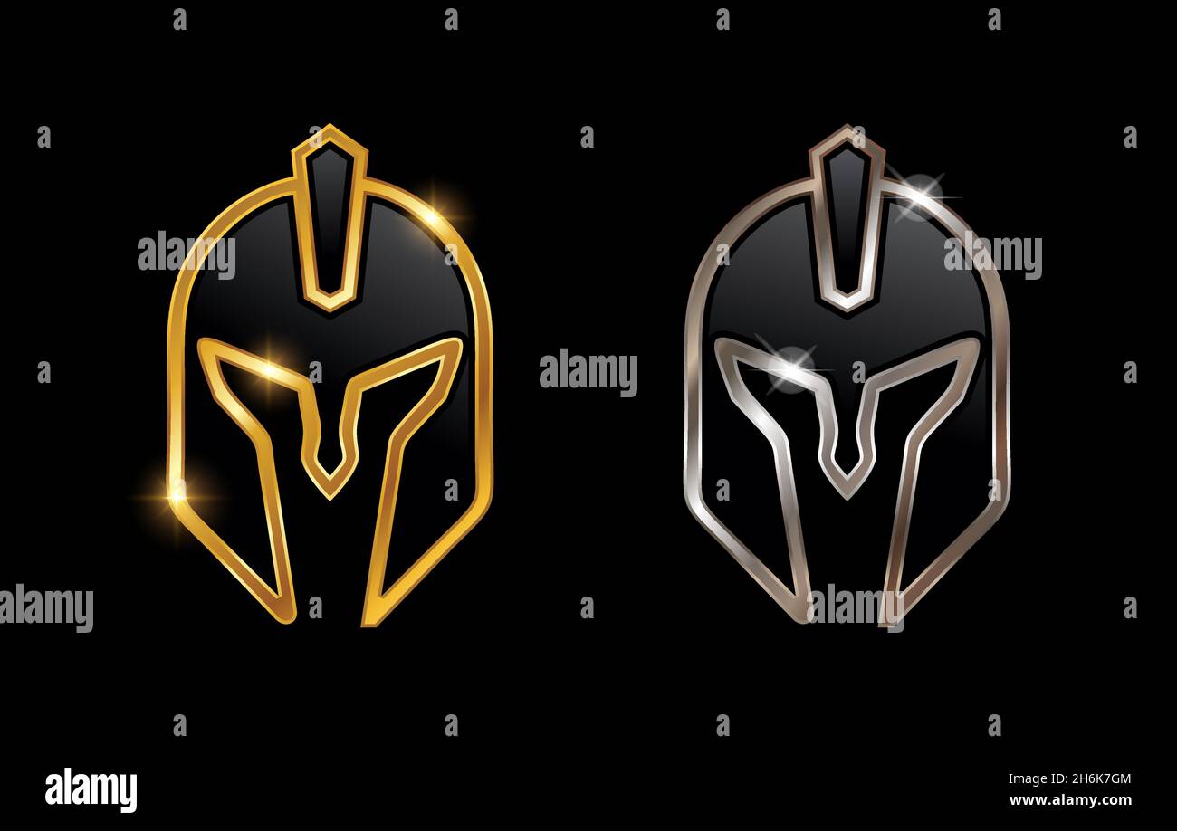 A Vector Illustration set of Golden and Silver Knight Helmet Vector Sign in black background with gold and chrome shine effect Stock Vector