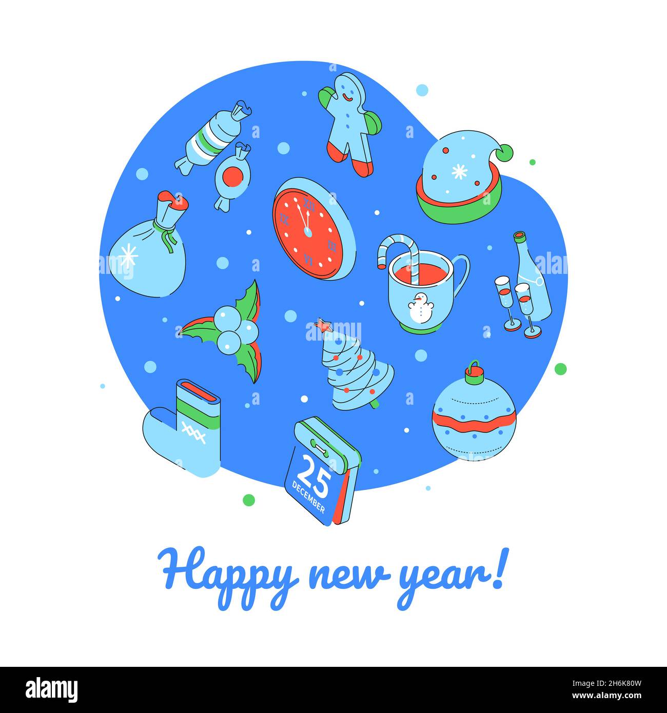 Happy New Year - modern colorful isometric illustration. Calendar, gingerbread man, clock, fir tree holiday symbols. Party decorations, champagne, hot Stock Vector
