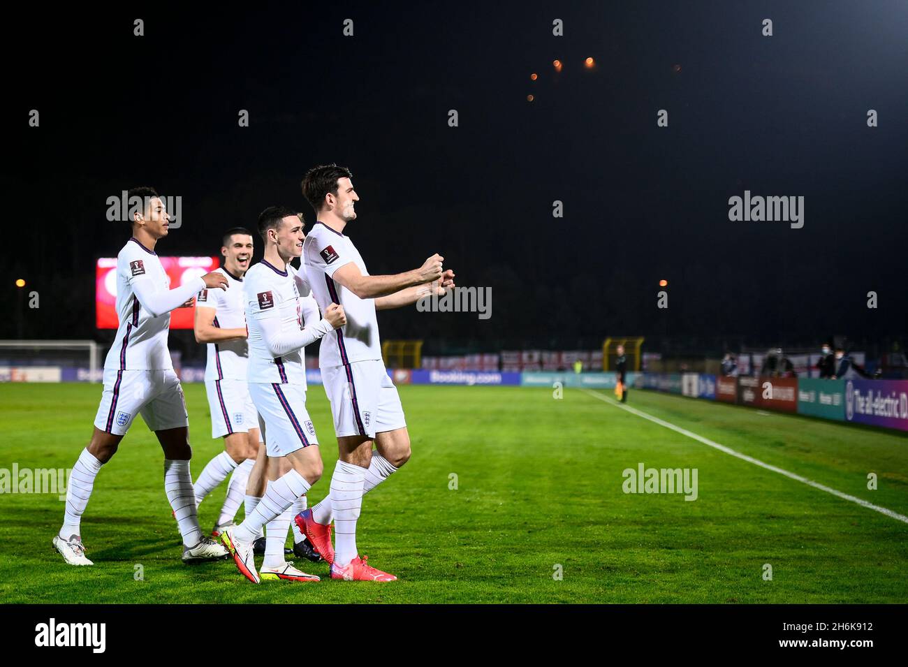 Serravalle, San Marino. 15 November 2021. Harry Maguire of England celebrates with his teammates after scoring a goal during the 2022 FIFA World Cup European Qualifier football match between San Marino and England. Credit: Nicolò Campo/Alamy Live News Stock Photo