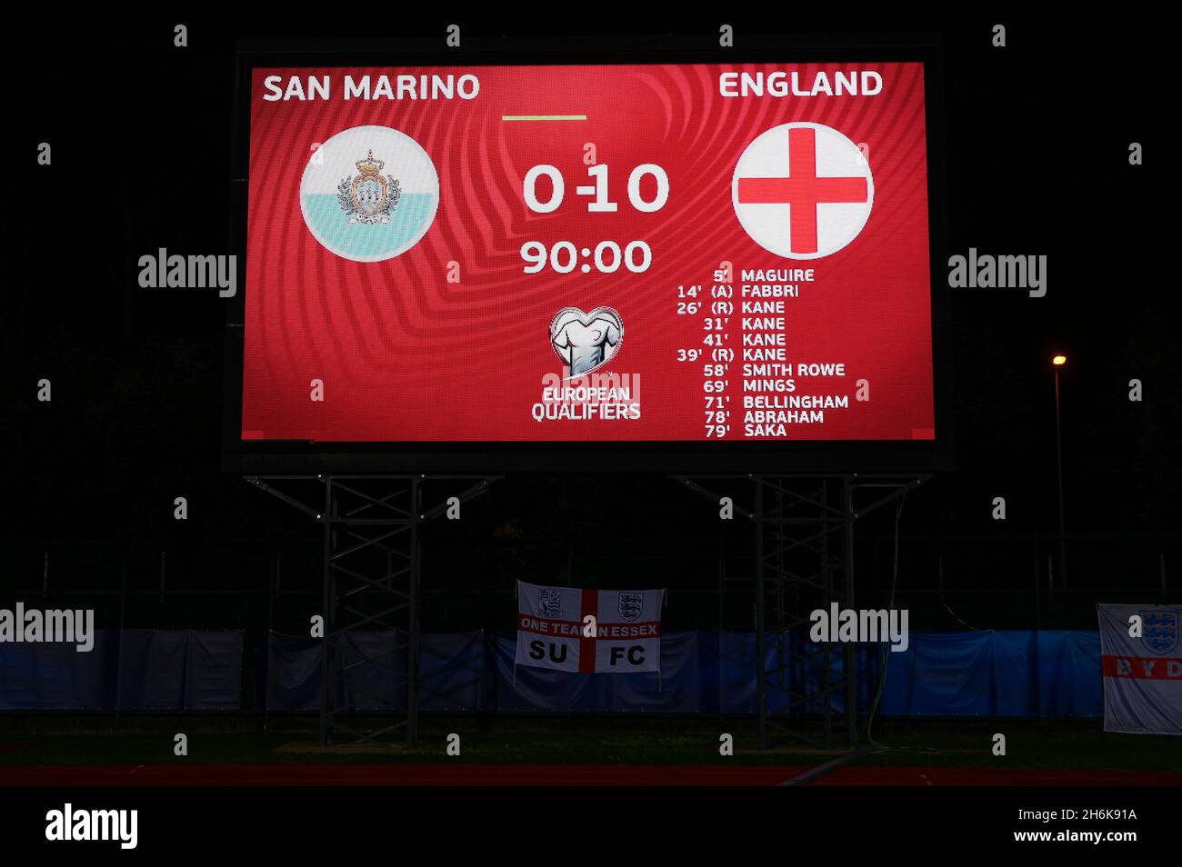 Serravalle, San Marino. 15 November 2021. A scoreboard show the final result of the 2022 FIFA World Cup European Qualifier football match between San Marino and England. Credit: Nicolò Campo/Alamy Live News Stock Photo