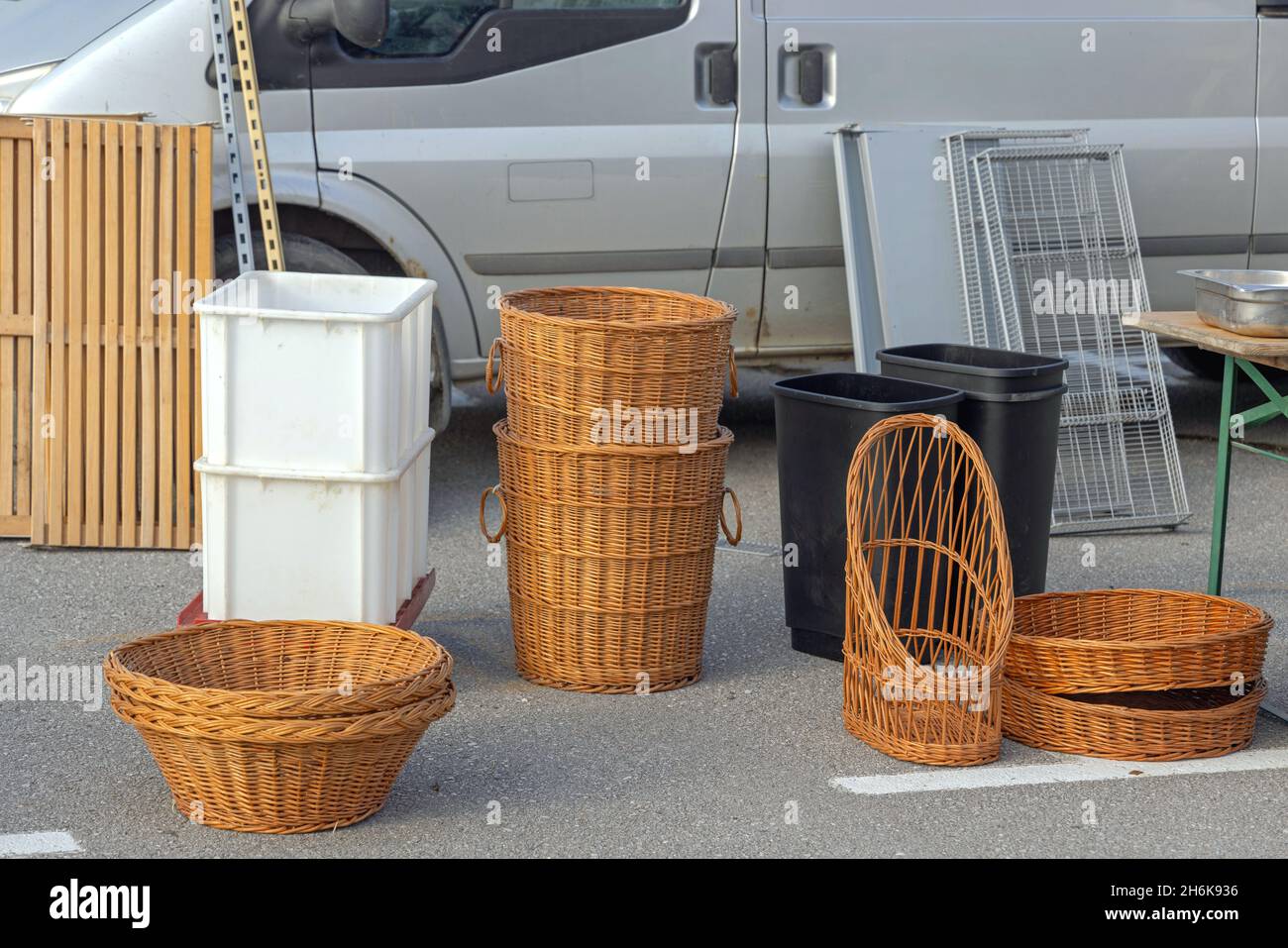 Wicker Rattan Baskets Bins Containers at Flea Market Stock Photo Alamy