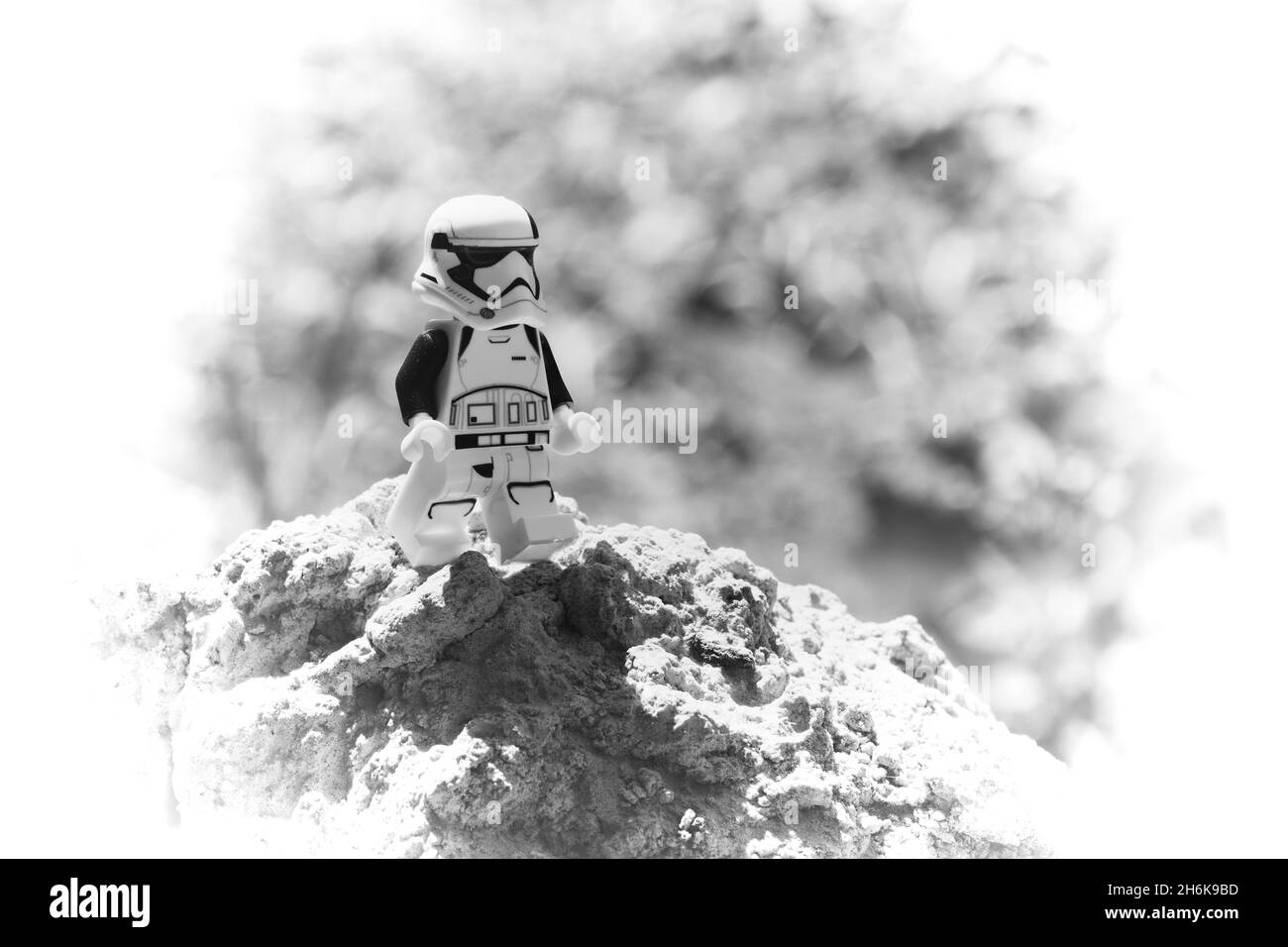 Chernihiv, Ukraine, July 13, 2021. A plastic minifigure of a Star Wars character. Imperial stormtrooper close-up. Illustrative editorial. Stock Photo
