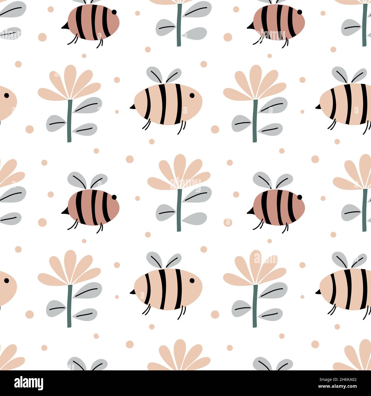 Cute bee and flowers seamless vector baby pattern on isolated white ...
