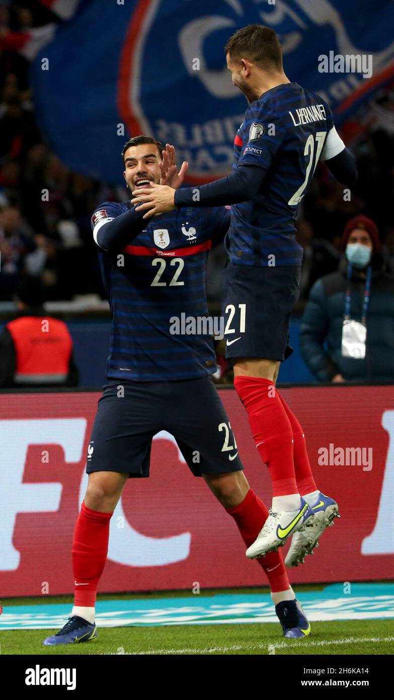 Brothers Theo Hernandez and Lucas Hernandez of France celebrate the first goal of Kylian Mbappe of France during the FIFA World Cup 2022, Qualifiers Group D football match between France and Kazakhstan on November 13, 2021 at Parc des Princes, Paris, France - Photo Jean Catuffe / DPPI Stock Photo