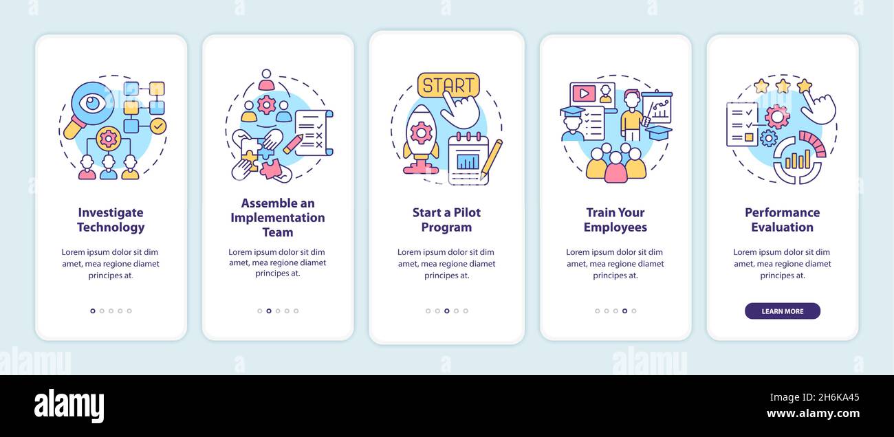 Technology implementation steps onboarding mobile app page screen Stock Vector