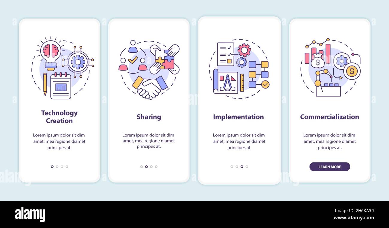 Tech transfer levels onboarding mobile app page screen Stock Vector
