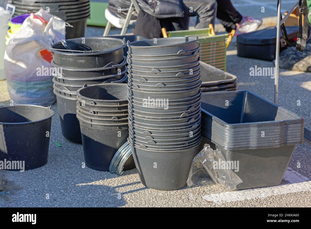 Stacked Big Black Buckets for Construction Site Use Stock Photo Alamy