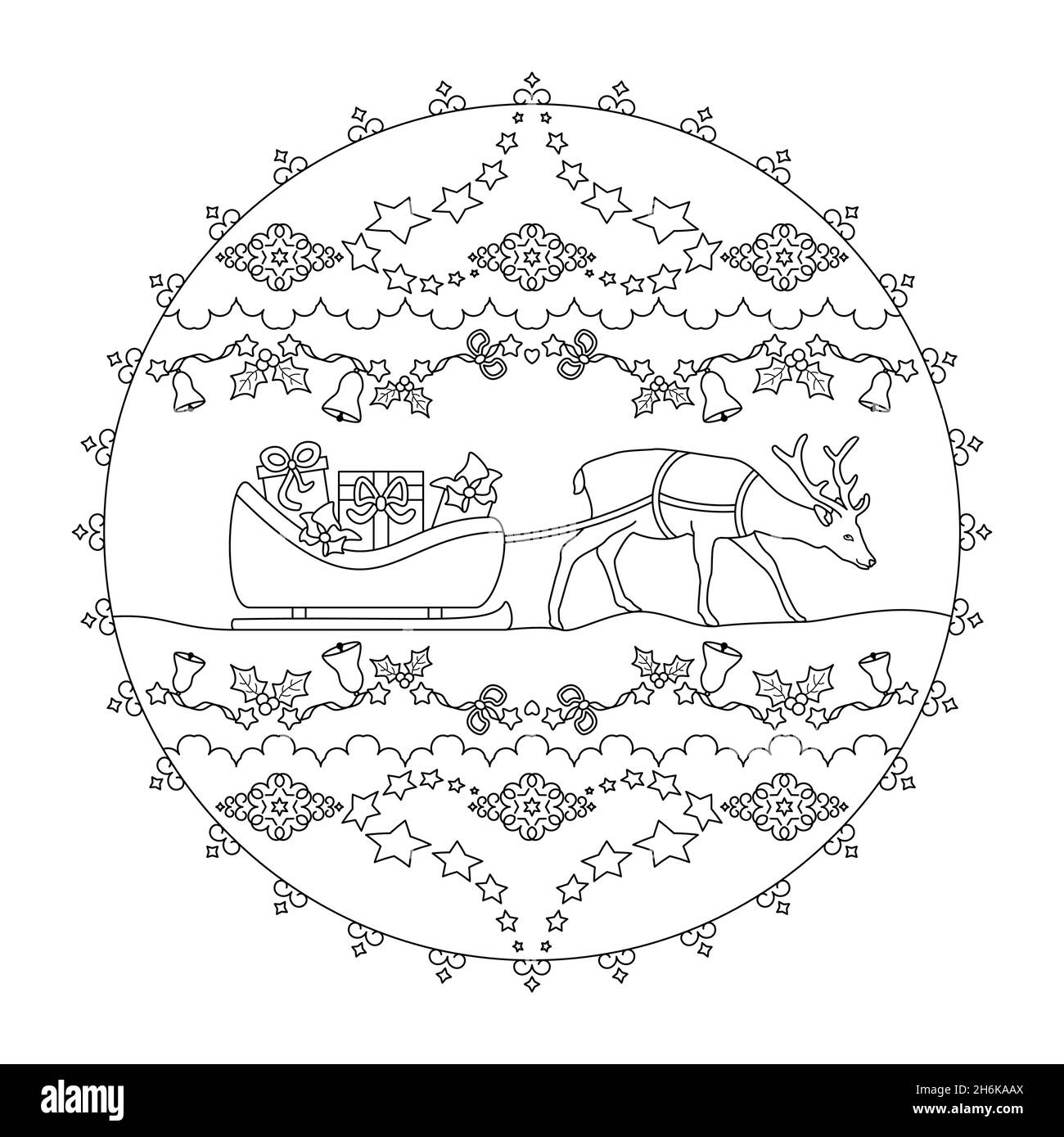 Santa's sled filled with gifts. Pretty reindeer. Christmas mandala. Vector illustration. Stock Vector