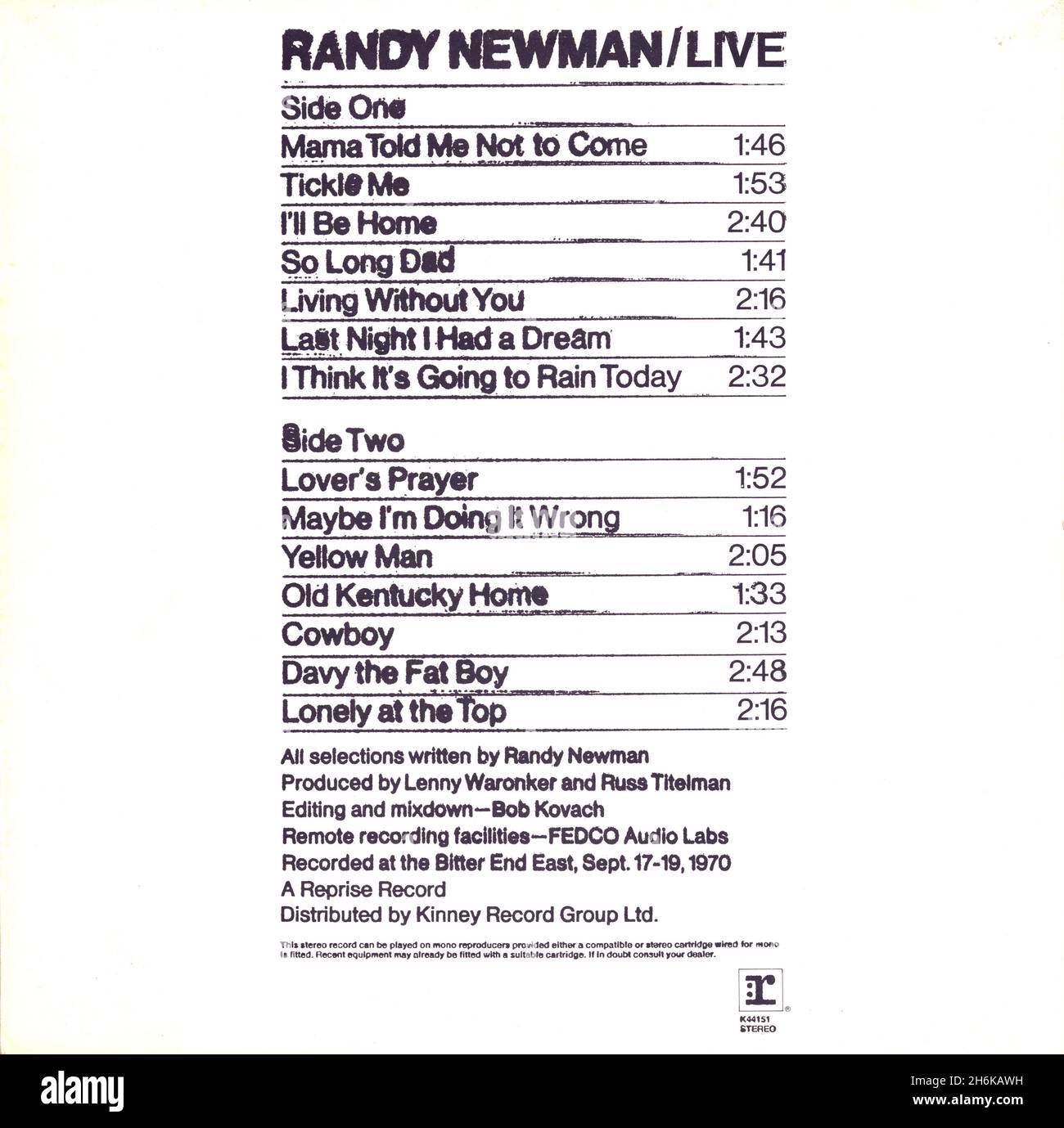 Randy Newman Live. 1971 official bootleg album by Reprise Records. Stock Photo
