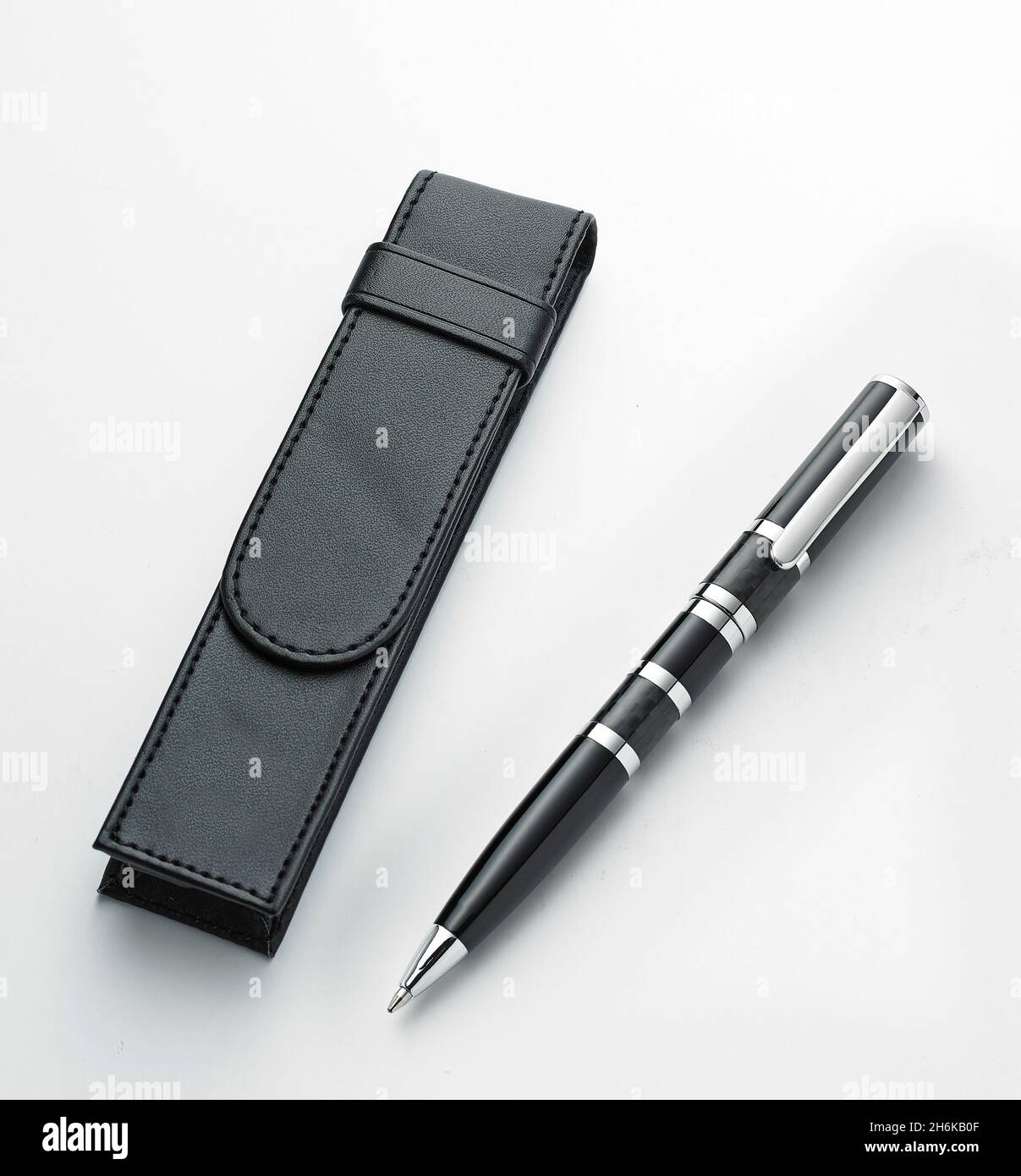 Silver and black ball point pen with case Stock Photo