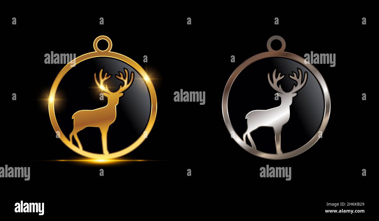 A Vector Illustration set of Gold and Silver Christmas Deer Circle Decoration Vector Sign Stock Vector
