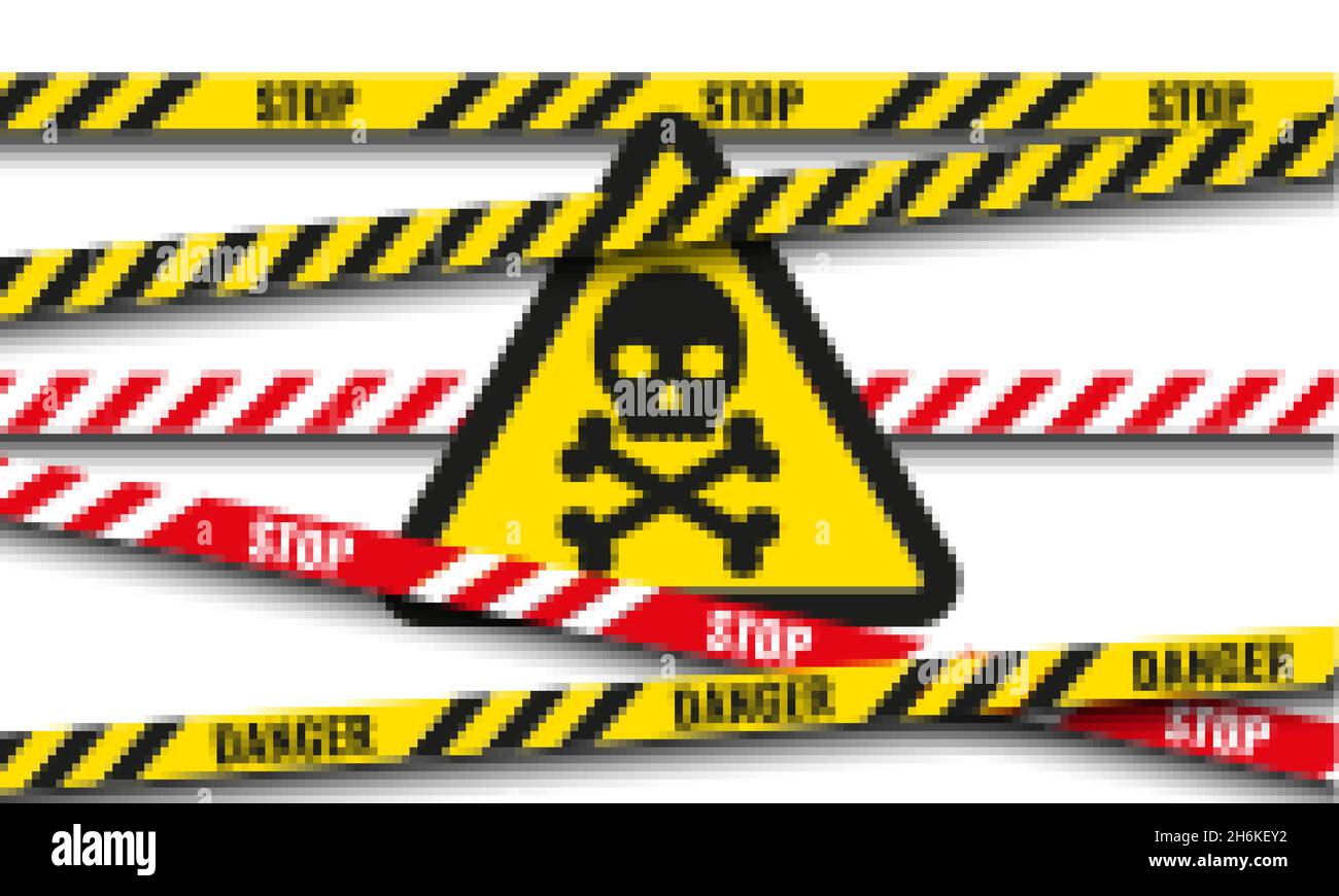 Skull and crossbones icon on yellow warning sign and danger cross lines