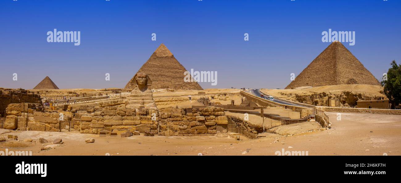 Panorama of the great pyramids and Sphinx monument in Giza, Cairo, Egypt Stock Photo