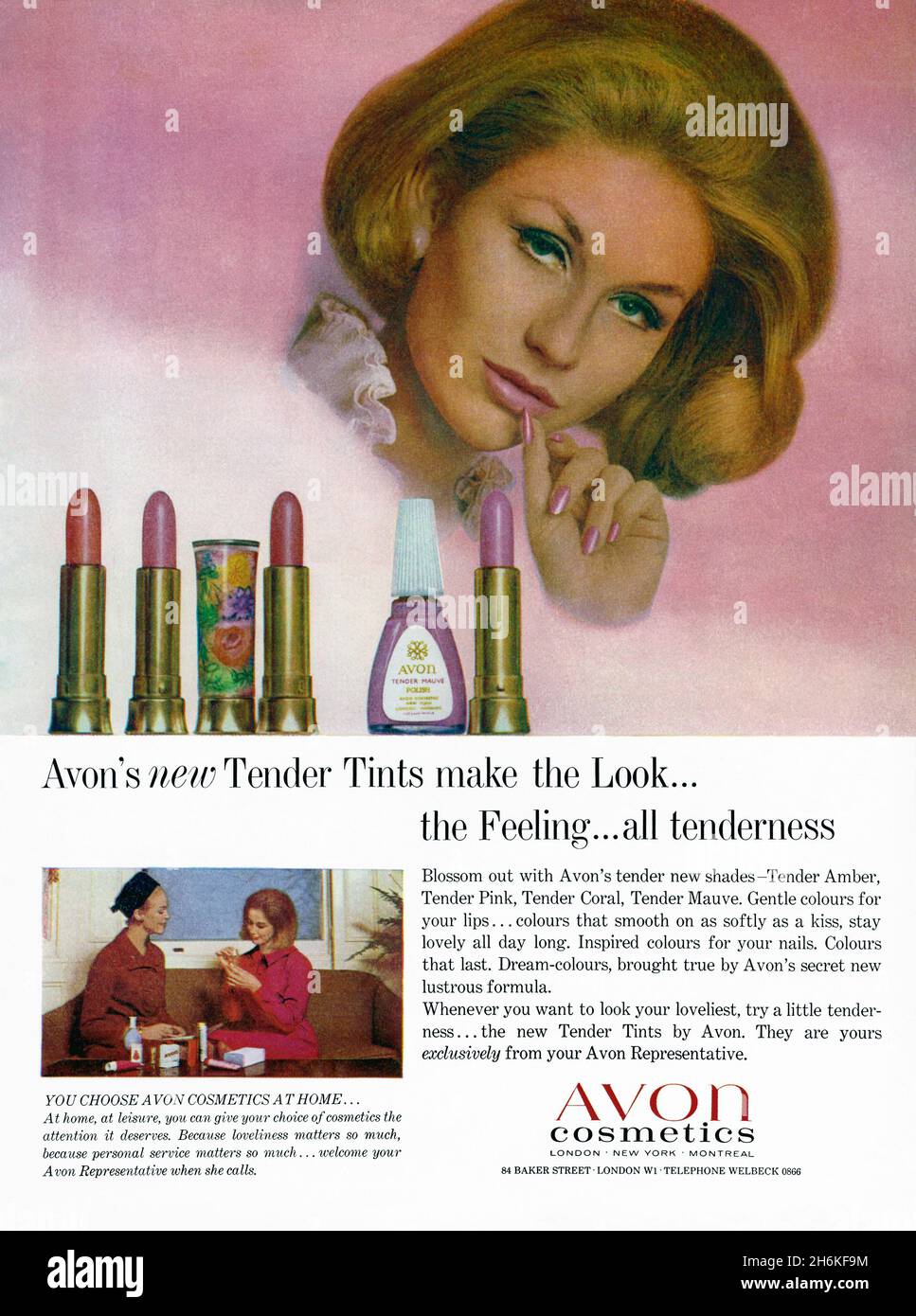 A 1960s advert for Avon Cosmetics, the brand that has relied heavily on representatives visiting and selling the make-up products in the customer’s own home. The advert appeared in a magazine published in the UK in march 1965. The photograph shows a woman wearing nail polish and lipstick. A smaller photograph shows a typical home call – vintage 1960s graphics for editorial use. Stock Photo