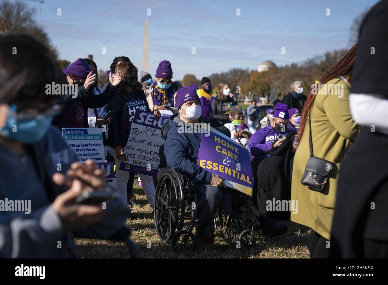 Washington, United States. 16th Nov, 2021. People attend a rally in support of the care economy investments in the Build Back Better agenda hosted by the National Domestic Workers Alliance, MomsRising, and the Service Employees International Union (SEIU) on the National Mall in Washington DC on Tuesday, November 16, 2021. Photo by Sarah Silbiger/UPI Credit: UPI/Alamy Live News Stock Photo