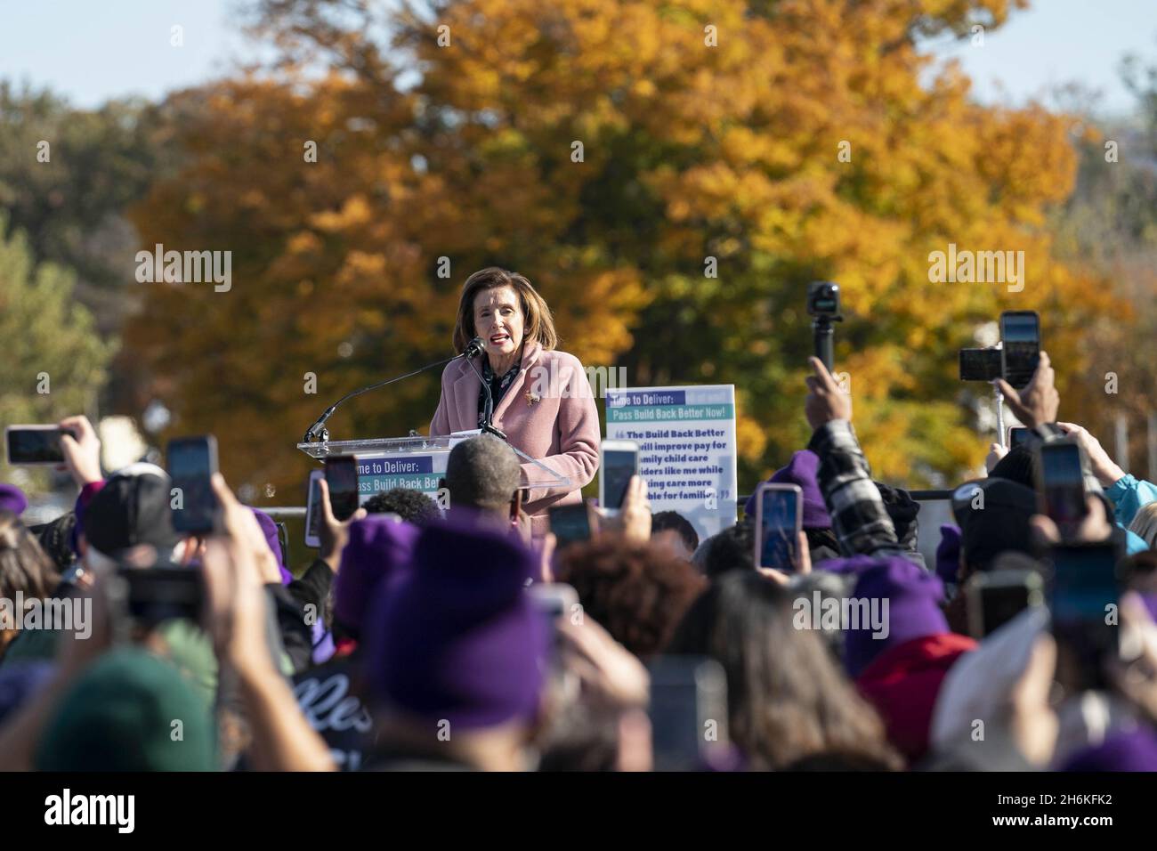 Washington, United States. 16th Nov, 2021. Speaker of the House Nancy Pelosi, D-CA, speaks during a rally in support of the care economy investments in the Build Back Better agenda hosted by the National Domestic Workers Alliance, MomsRising, and the Service Employees International Union on the National Mall in Washington DC on Tuesday, November 16, 2021. Photo by Sarah Silbiger/UPI Credit: UPI/Alamy Live News Stock Photo