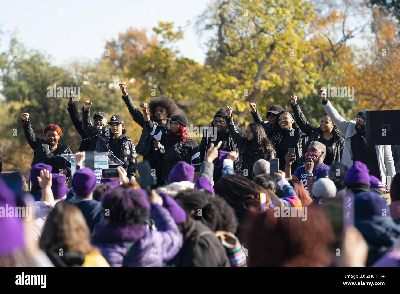Washington, United States. 16th Nov, 2021. A singing group performs during a rally in support of the care economy investments in the Build Back Better agenda hosted by the National Domestic Workers Alliance, MomsRising, and the Service Employees International Union (SEIU) on the National Mall in Washington DC on Tuesday, November 16, 2021. Photo by Sarah Silbiger/UPI Credit: UPI/Alamy Live News Stock Photo