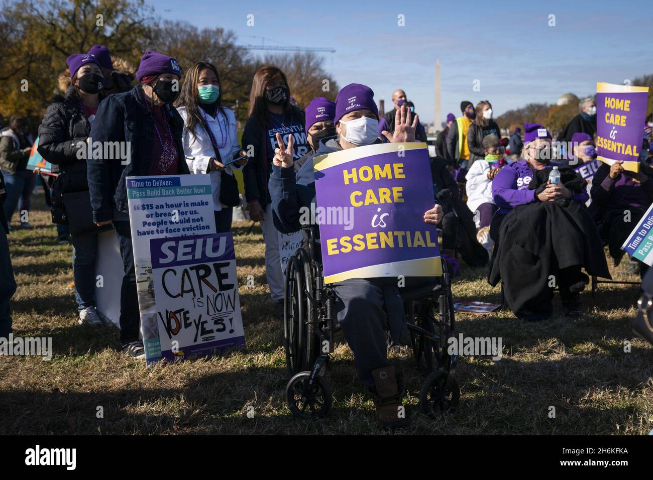 Washington, United States. 16th Nov, 2021. People attend a rally in support of the care economy investments in the Build Back Better agenda hosted by the National Domestic Workers Alliance, MomsRising, and the Service Employees International Union (SEIU) on the National Mall in Washington DC on Tuesday, November 16, 2021. Photo by Sarah Silbiger/UPI Credit: UPI/Alamy Live News Stock Photo