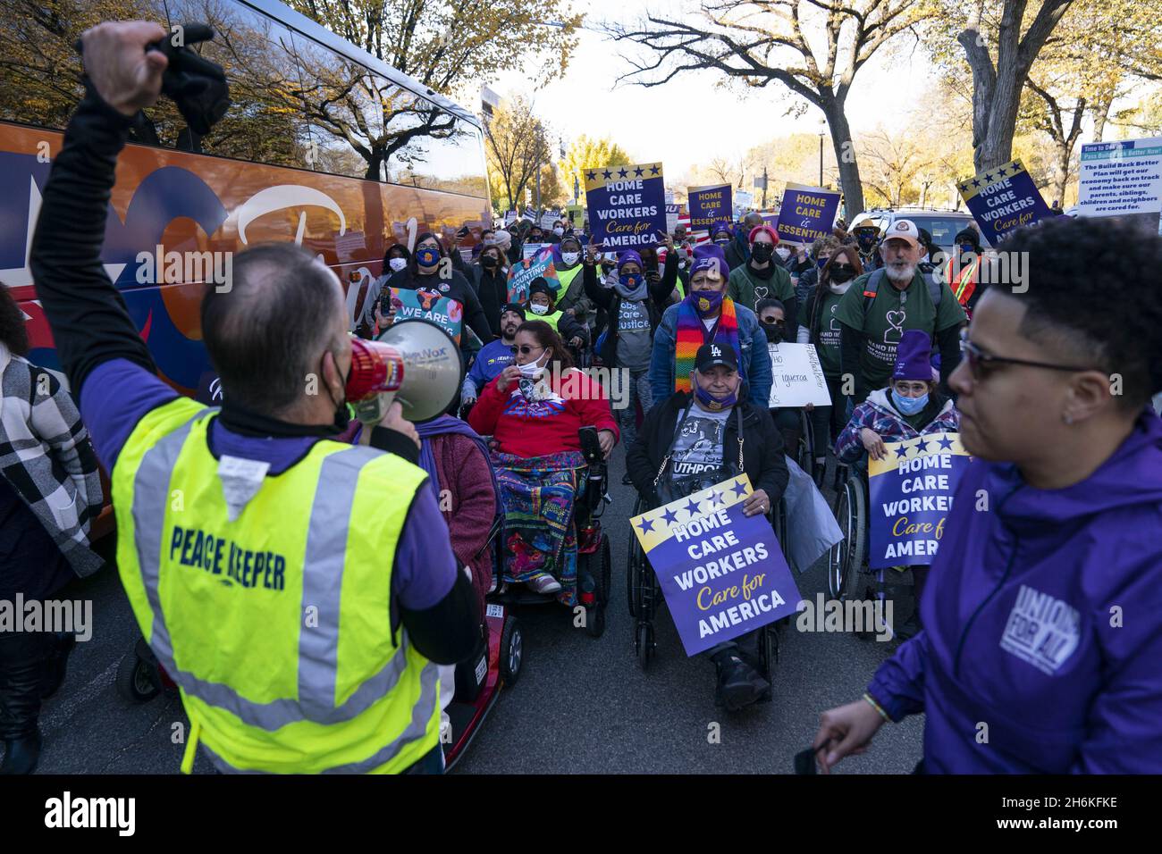 Washington, United States. 16th Nov, 2021. Members of the National Domestic Workers Alliance, MomsRising, and the Service Employees International Union (SEIU) march in support of care economy investments in the Build Back Better agenda on the National Mall in Washington DC on Tuesday, November 16, 2021. Photo by Sarah Silbiger/UPI Credit: UPI/Alamy Live News Stock Photo