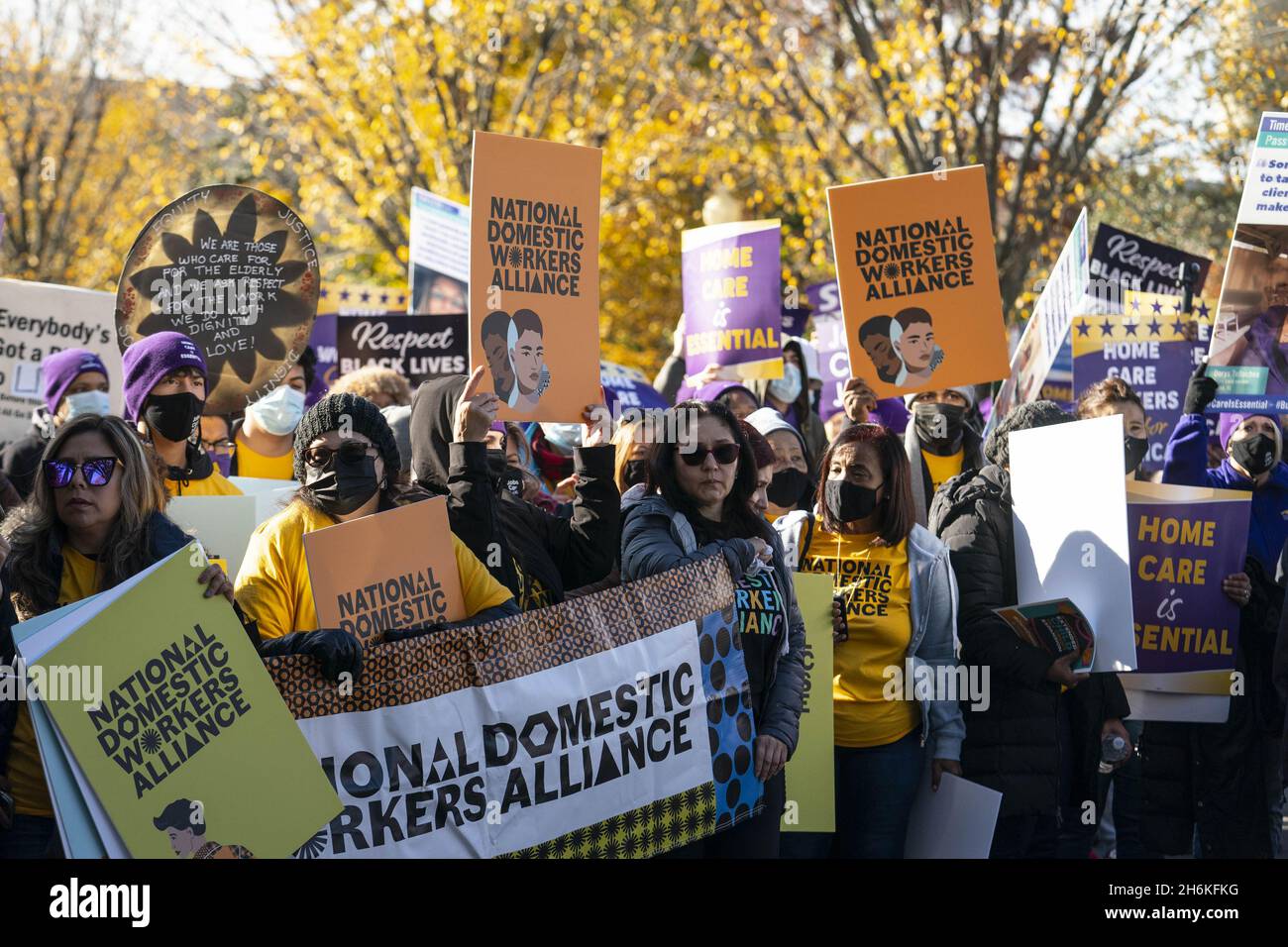 Washington, United States. 16th Nov, 2021. Members of the National Domestic Workers Alliance, MomsRising, and the Service Employees International Union (SEIU) march in support of care economy investments in the Build Back Better agenda on the National Mall in Washington DC on Tuesday, November 16, 2021. Photo by Sarah Silbiger/UPI Credit: UPI/Alamy Live News Stock Photo
