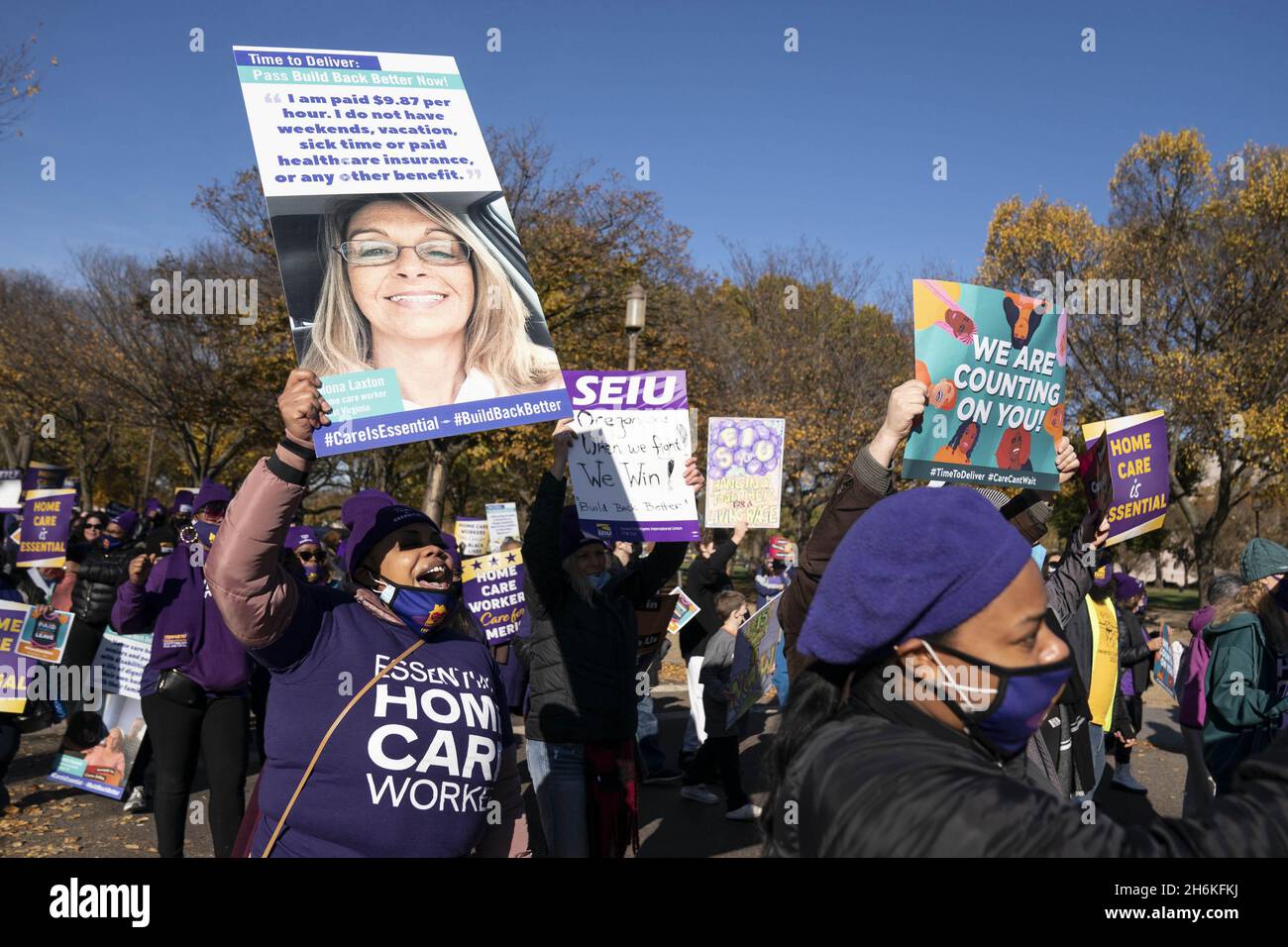 Washington, United States. 16th Nov, 2021. Members of the National Domestic Workers Alliance, MomsRising, and the Service Employees International Union (SEIU) march in support of care economy investments in the Build Back Better agenda on the National Mall in Washington DC on Tuesday, November 16, 2021. Photo by Sarah Silbiger/UPI Credit: UPI/Alamy Live News Stock Photo