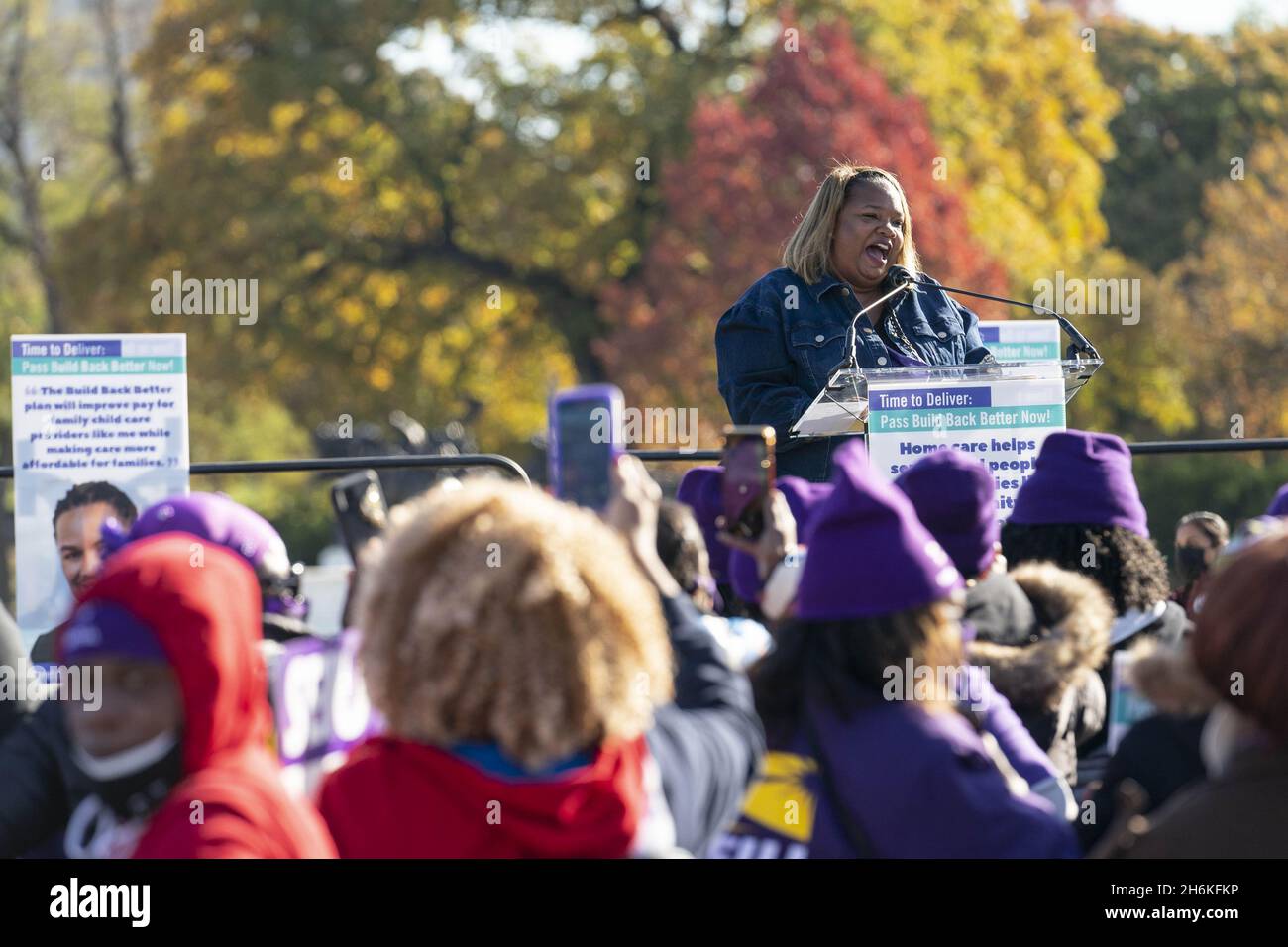 Washington, United States. 16th Nov, 2021. April Verrett, president of Service Employees International Union Local 2015, speaks during a rally in support of the care economy investments in the Build Back Better agenda hosted by the National Domestic Workers Alliance, MomsRising, and the SEIU on the National Mall in Washington DC on Tuesday, November 16, 2021. Photo by Sarah Silbiger/UPI Credit: UPI/Alamy Live News Stock Photo