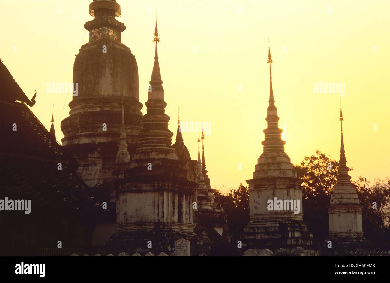 Suan Dok Temple at Sunset, Chiang Mai, Thailand Stock Photo