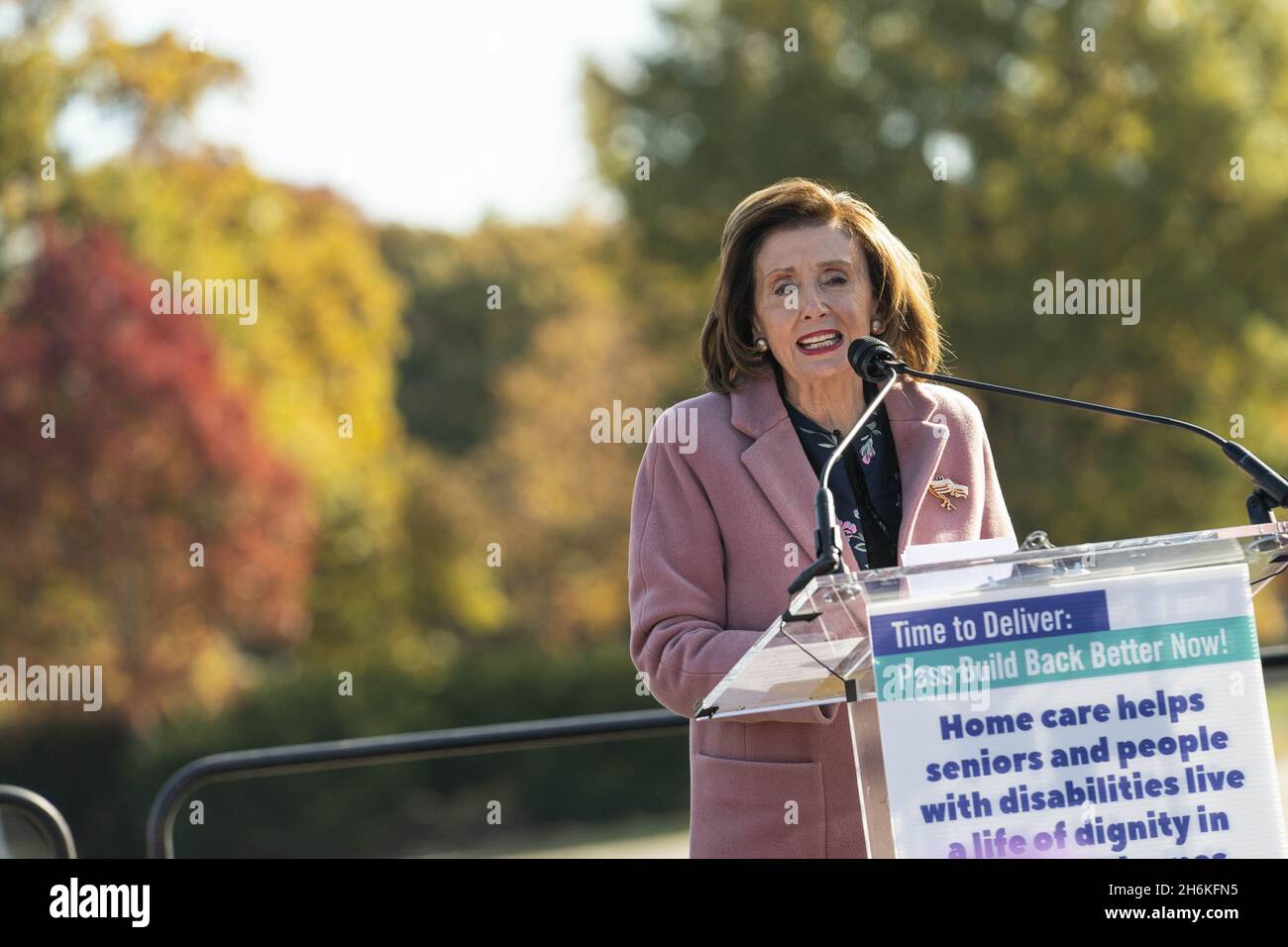 Washington, United States. 16th Nov, 2021. Speaker of the House Nancy Pelosi, D-CA, speaks during a rally in support of the care economy investments in the Build Back Better agenda hosted by the National Domestic Workers Alliance, MomsRising, and the Service Employees International Union on the National Mall in Washington DC on Tuesday, November 16, 2021. Photo by Sarah Silbiger/UPI Credit: UPI/Alamy Live News Stock Photo