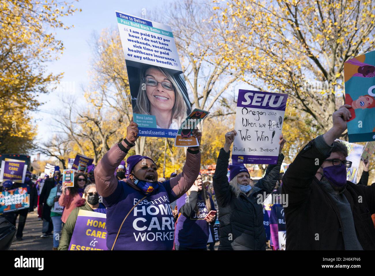 Washington, United States. 16th Nov, 2021. Members of the National Domestic Workers Alliance, MomsRising, and the Service Employees International Union (SEIU) march in support of care economy investments in the Build Back Better agenda on the National Mall in Washington DC on Tuesday, November 16, 2021. Photo by Sarah Silbiger/UPI Credit: UPI/Alamy Live News Stock Photo