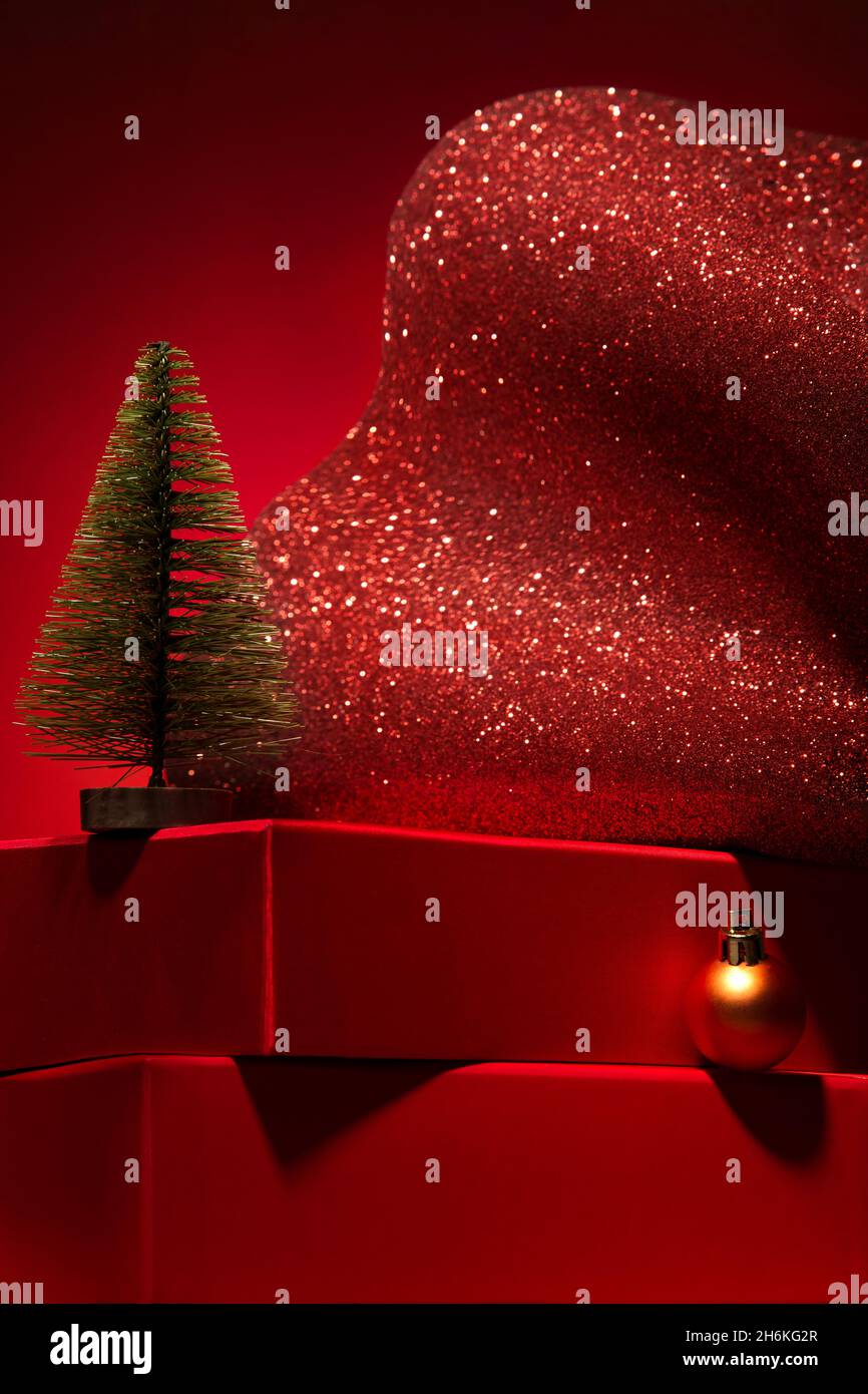 Majestic red podium of gift boxes and sparkly Christmas decor. Red ...