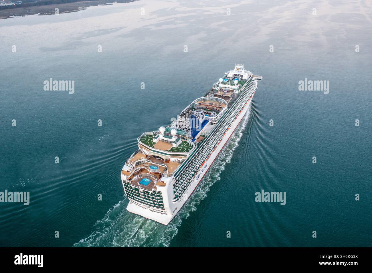 Aerial view of MS Azura cruise ship arriving at Southampton port early