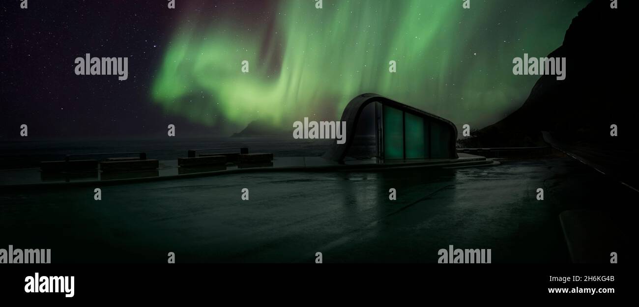 Aurora Borealis over roadside toilets, arctic Norway. Stock Photo