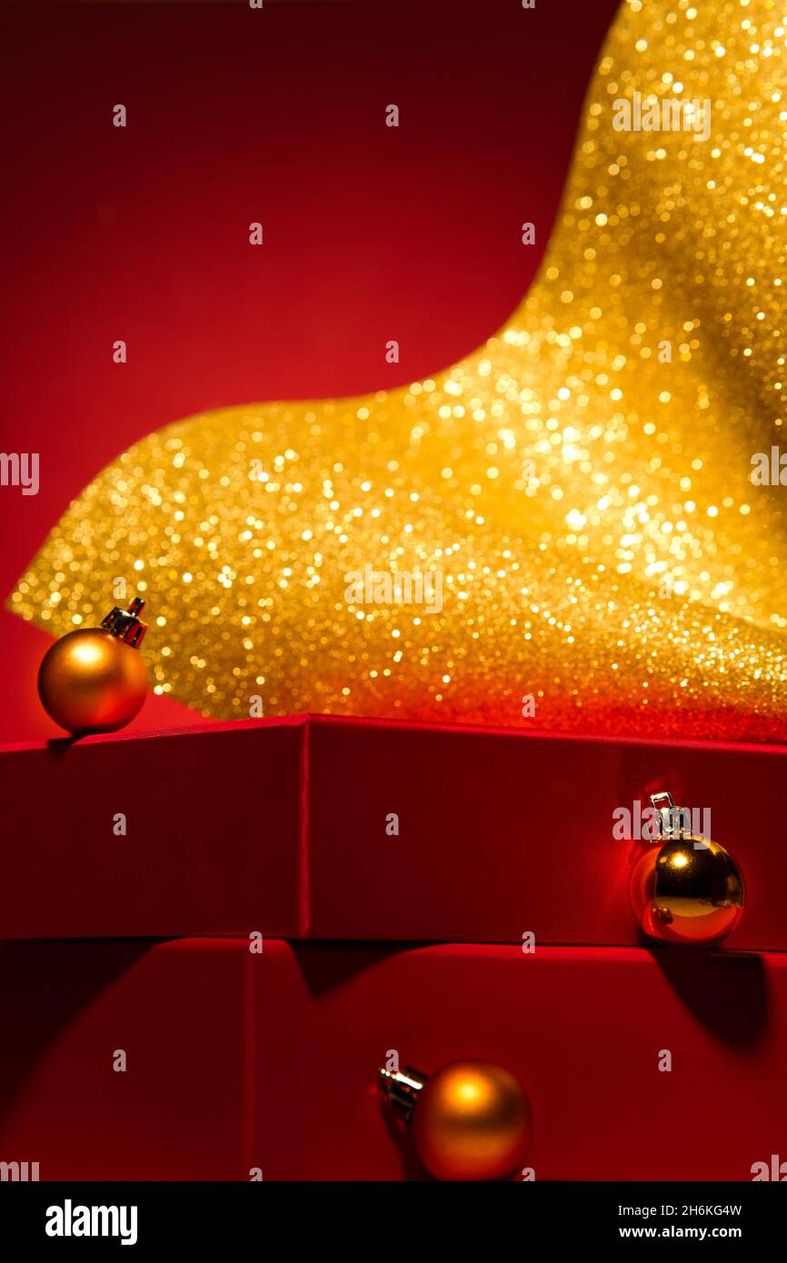Majestic red podium with gift boxes and gold Christmas decor Red ...