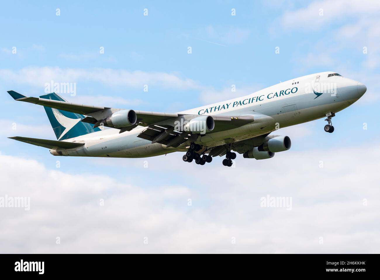 Cathay Pacific Cargo Boeing 747 Jumbo Jet freight airliner jet plane B-LIB landing at London Heathrow Airport, UK. Freighter carrier on finals to land Stock Photo