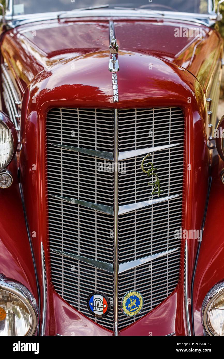 Bordeaux, France - 2019: Close-up of Auburn 654 hood ornament. Symbol of luxury, expensive red automobile. Rare american car brand Stock Photo
