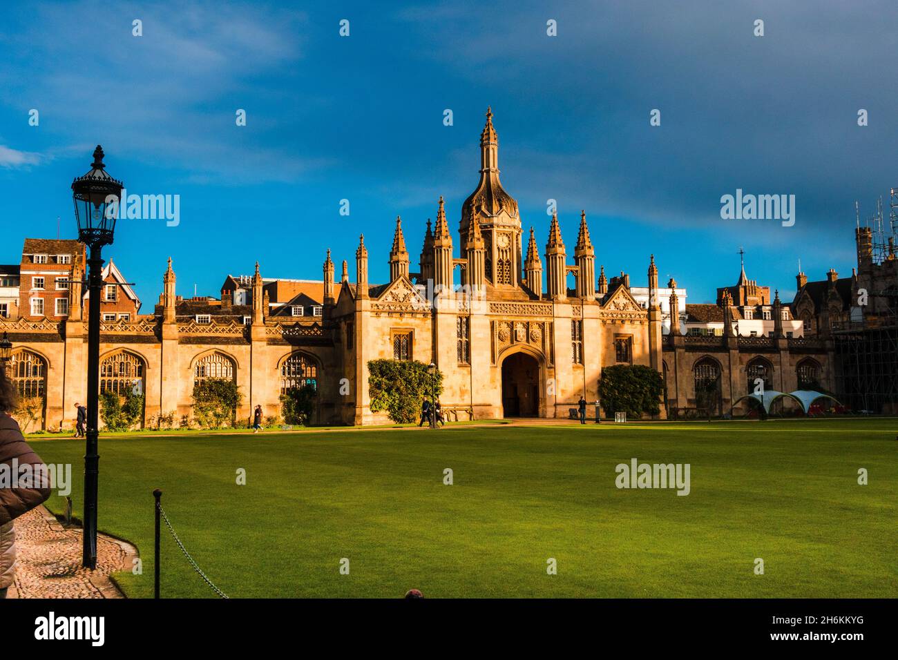 Kings College Cambridge entrance gate house buildings looking from inside the grounds across Front Court Stock Photo