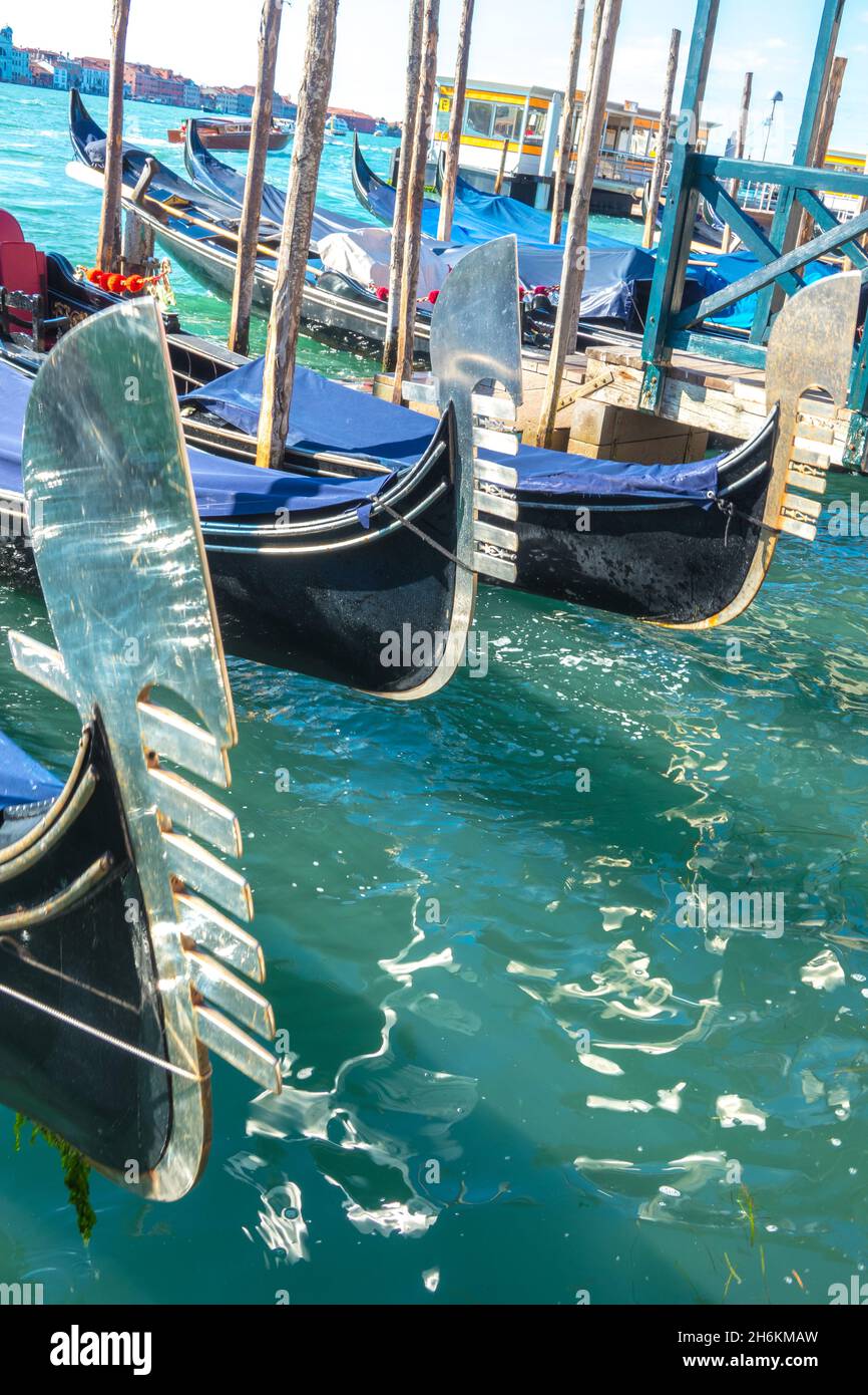 Moored Gondolas on Grand canal in Venice, Italy Stock Photo