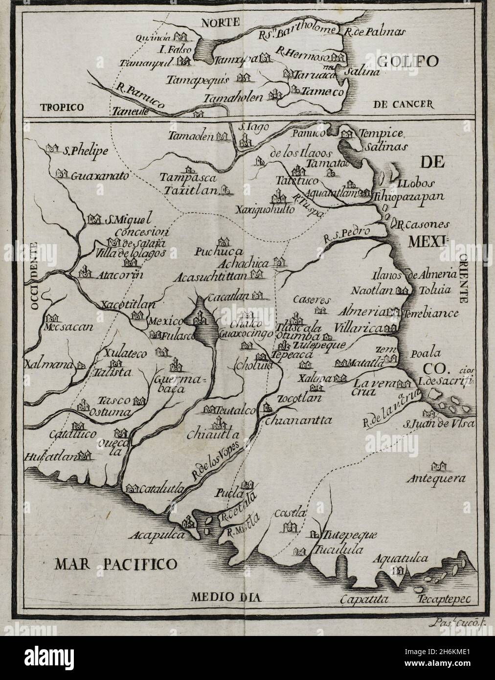 Map of the territory of New Spain. 'Historia de la Conquista de México, población, y progresos de la América septentrional, conocida por el nombre de Nueva España' (History of the Conquest of Mexico, population, and progress of northern America, known by the name of New Spain). Written by Antonio de Solís y Rivadeneryra (1610-1686), Chronicler of the Indies. Volume I. Edition published in Barcelona and divided into two volumes, 1771. King's printer: Thomas Piferrer. Historical Military Library of Barcelona. Catalonia, Spain. Stock Photo