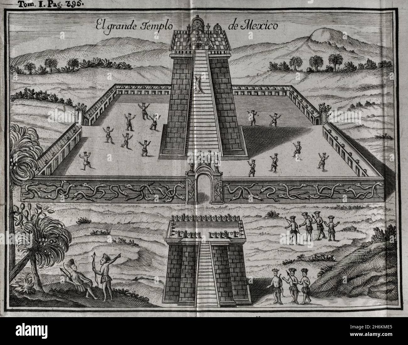 The Great Aztec Temple at Tenochtitlan. Dedicated to the god of war. Built in a large square, with an ashlar wall, carved on the outside with different loops of chained snakes. Engraving. 'Historia de la Conquista de México, población, y progresos de la América septentrional, conocida por el nombre de Nueva España' (History of the Conquest of Mexico, population, and progress of northern America, known by the name of New Spain). Written by Antonio de Solís y Rivadeneryra (1610-1686), Chronicler of the Indies. Volume I. Edition published in Barcelona and divided into two volumes, 1771. King's pr Stock Photo