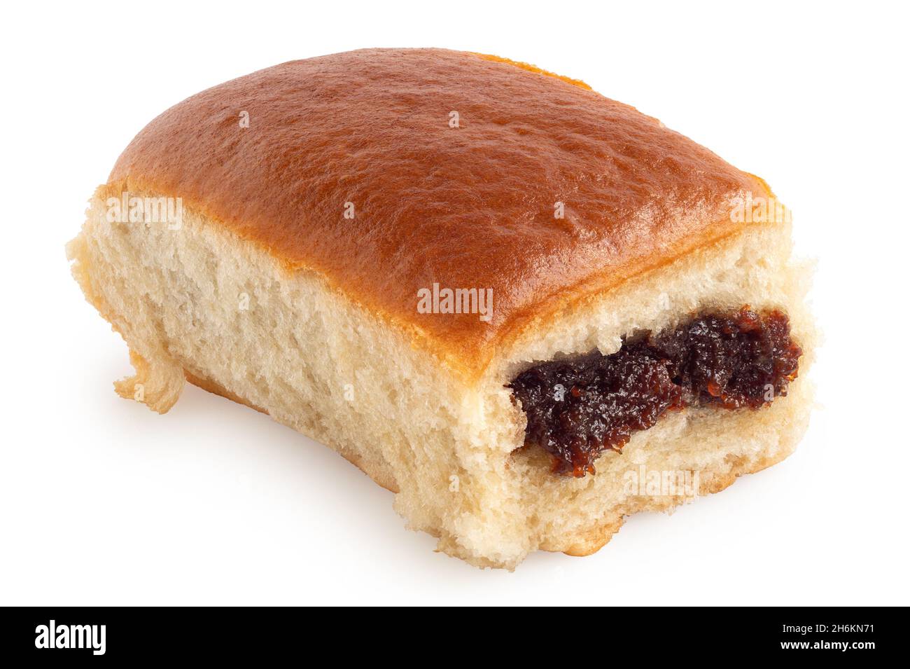 Czech yeast bun filled with plum jam isolated on white. Stock Photo