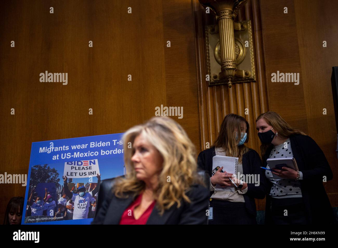 Washington, United States Of America. 16th Nov, 2021. United States Senator Marsha Blackburn (Republican of Tennessee) listens while U.S. Department of Homeland Security Secretary Alejandro N. Mayorkas offers his opening remarks during a Senate Committee on the Judiciary hearing on Oversight of the Department of Homeland Security in the Dirksen Senate Office Building in Washington, DC, Tuesday, November 16, 2021. Credit: Rod Lamkey/CNP/Sipa USA Credit: Sipa USA/Alamy Live News Stock Photo