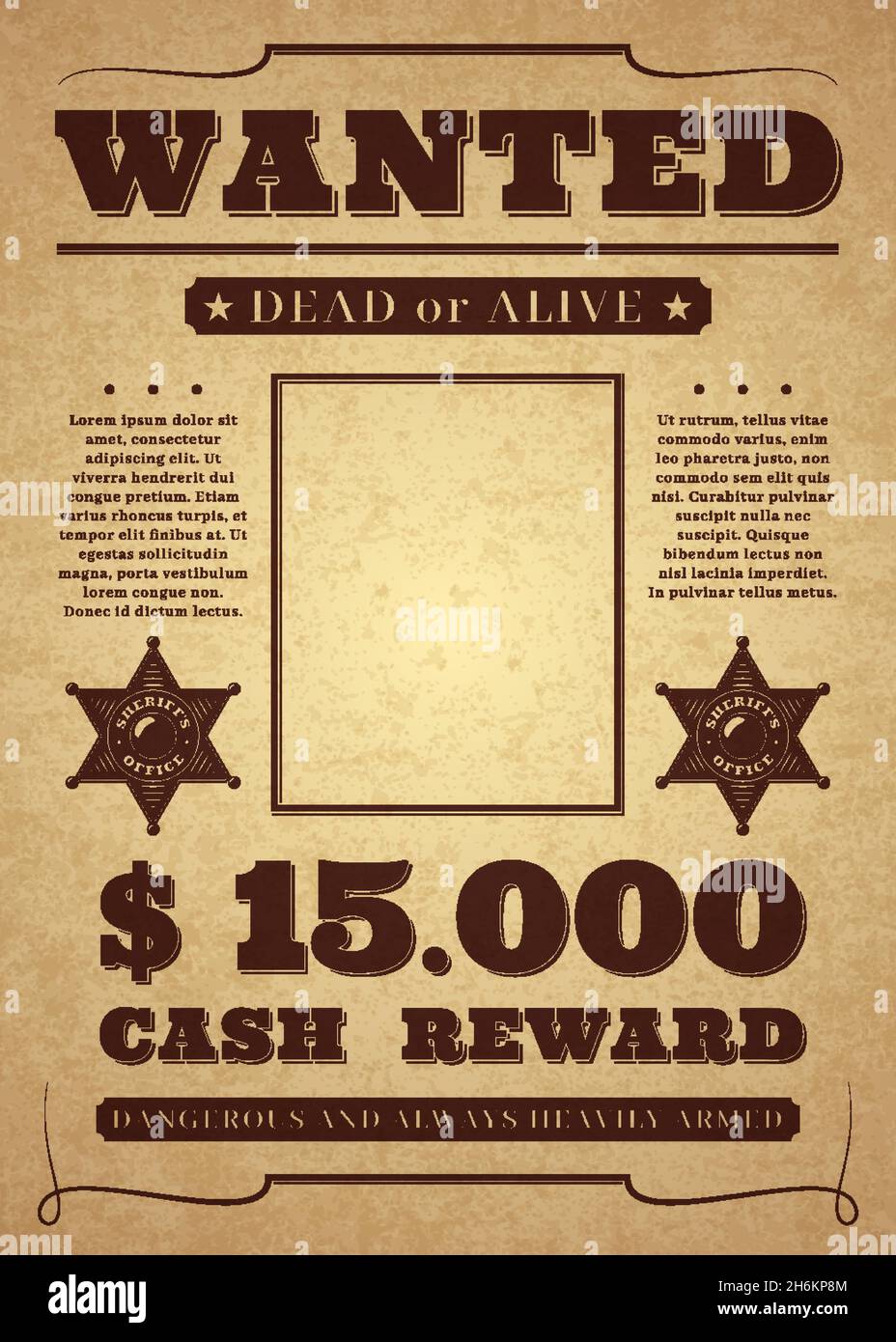 Wanted poster. Old distressed western criminal vector template. Dead or alive wanted background. Stock Vector