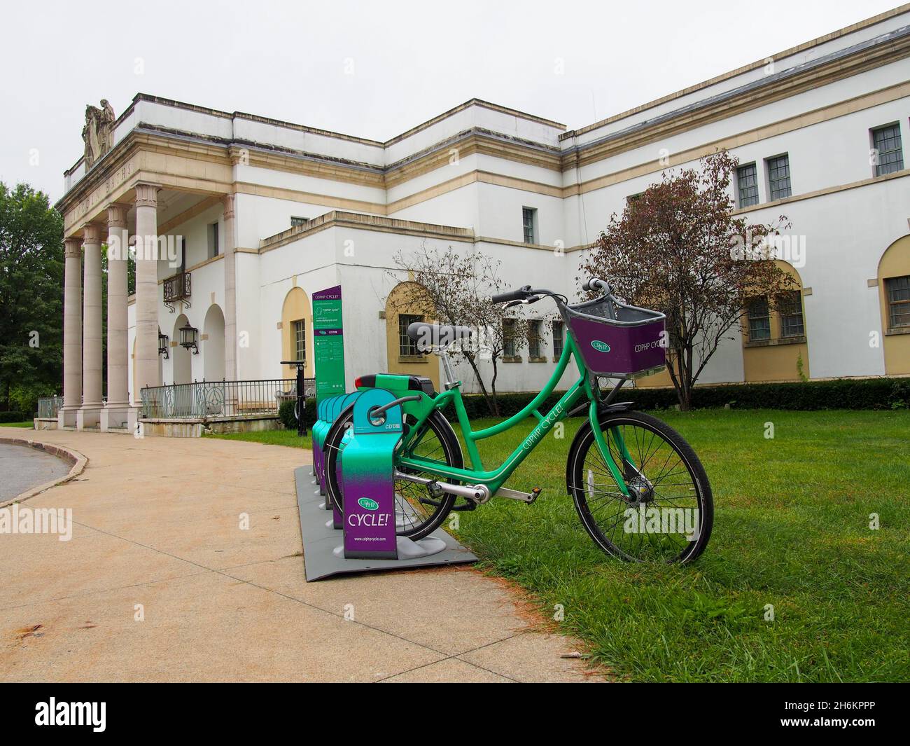 Bicycles at a cycle renting station outside the Lincoln Baths in