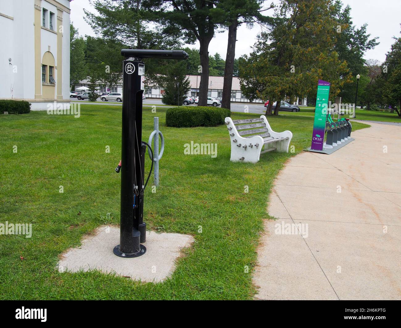 Repair station at a cycle renting station outside the Lincoln Baths in