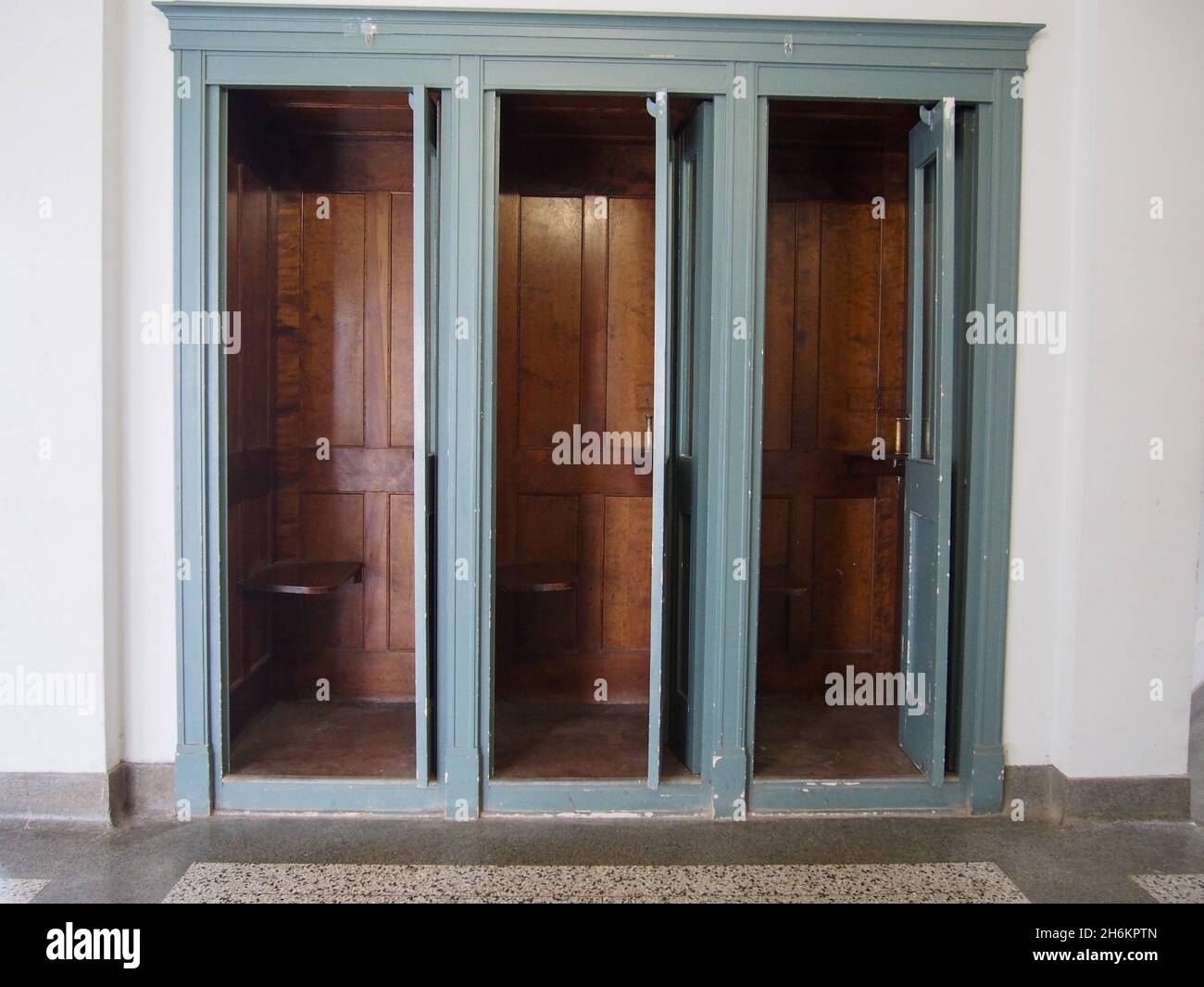 Disused old telephone booths inside the Lincoln Baths building at
