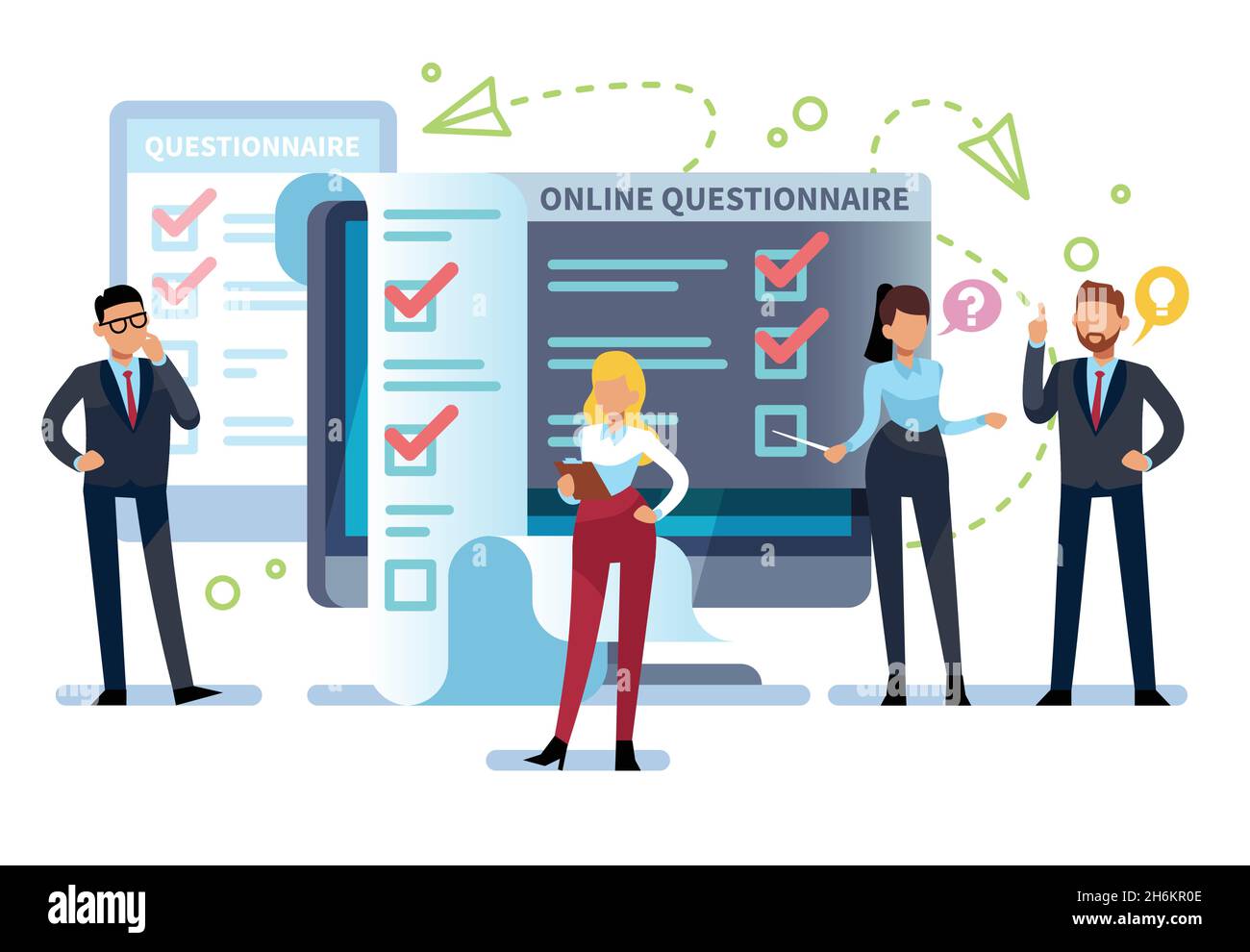 Online questionnaire. People fill out survey form on pc. Exam