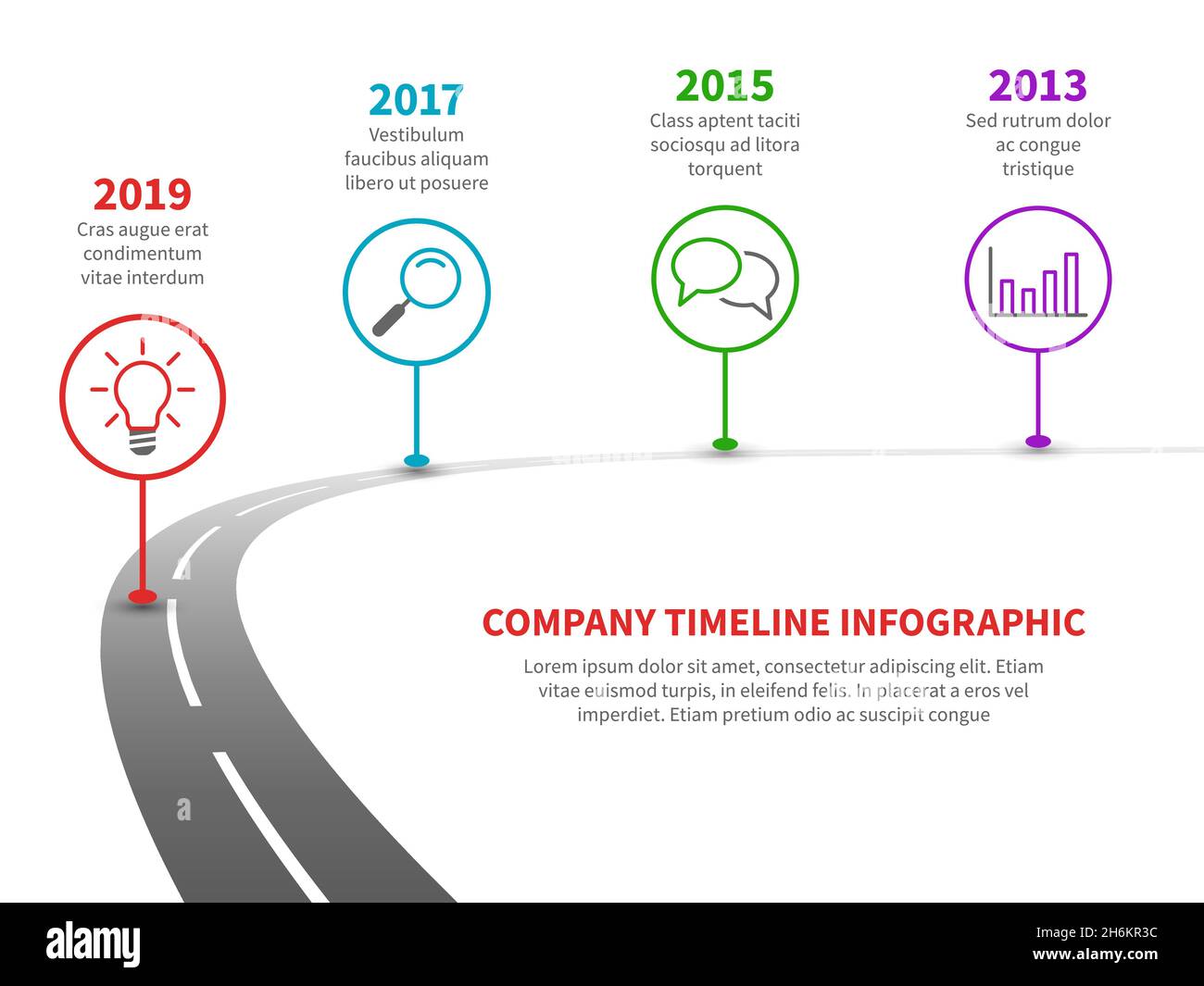 Timeline road infographic. Strategy process to success roadmap with history milestones. Business planning template Stock Vector